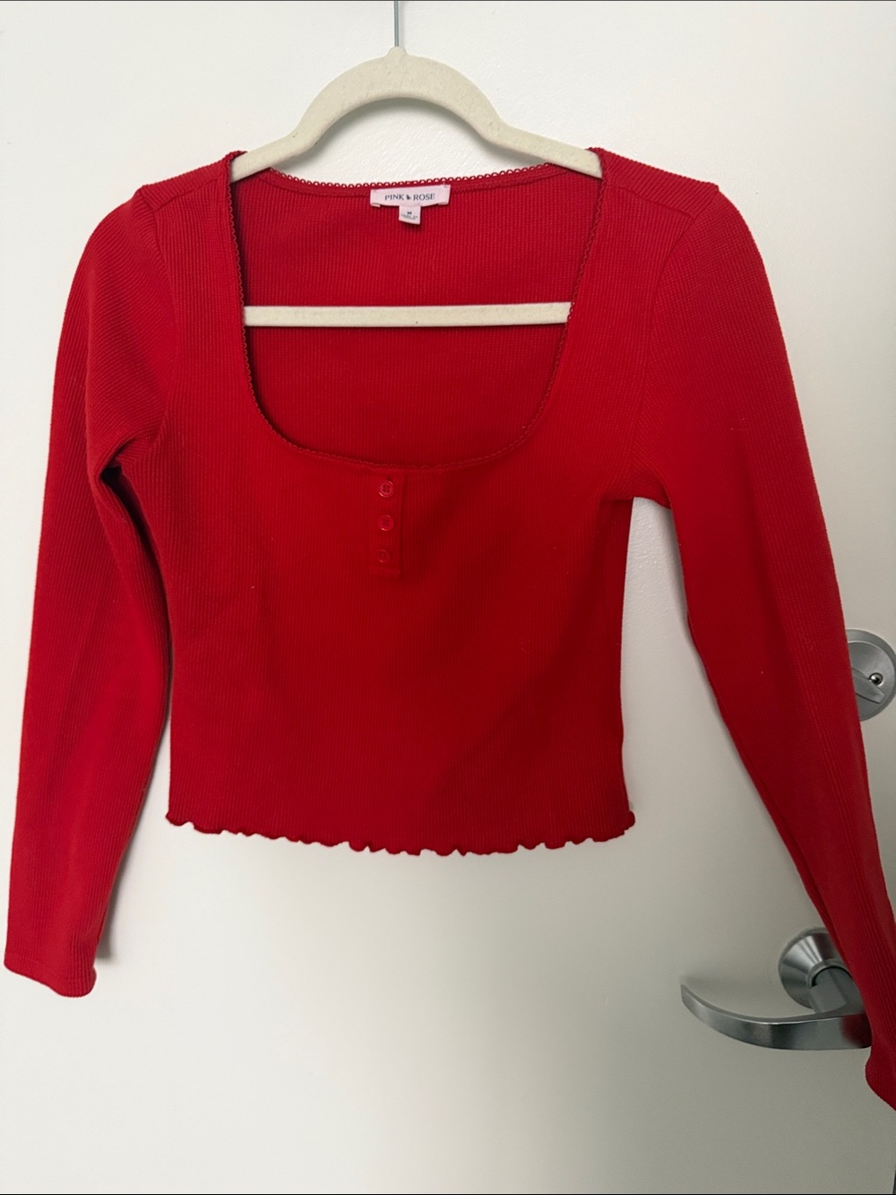 Pink Rose Red Ribbed Scoop-Neck Long Sleeve Crop Top Pajama Set